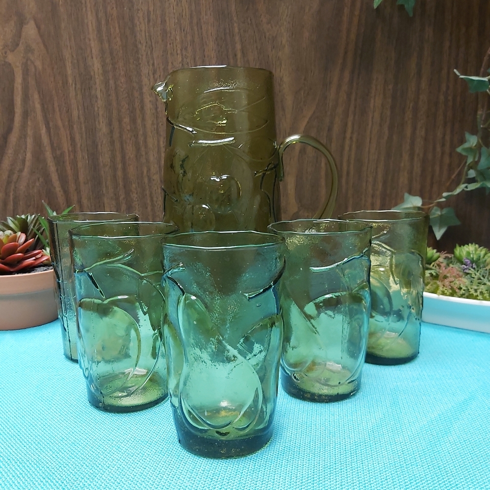 🕰 1950's 6pc Italian Pitcher & Blown Glass Set, Olive Green Vintage Tumblers